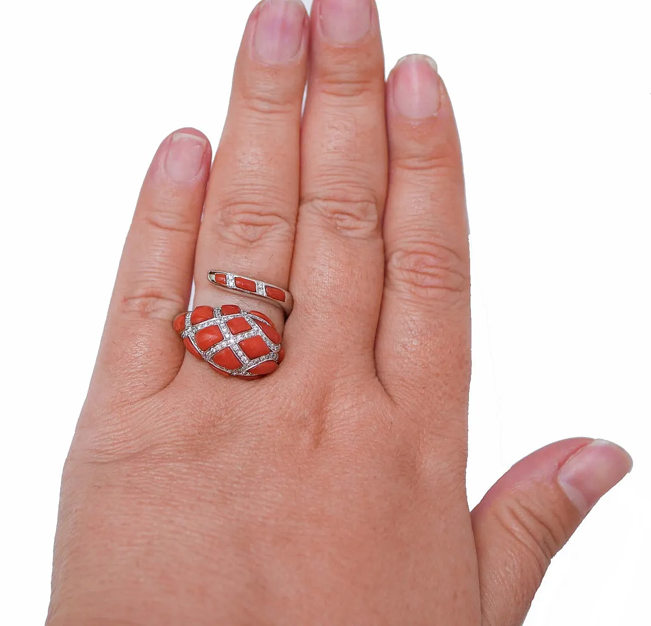 Coral, diamonds, 14 karat white gold snake ring, 1970s 5