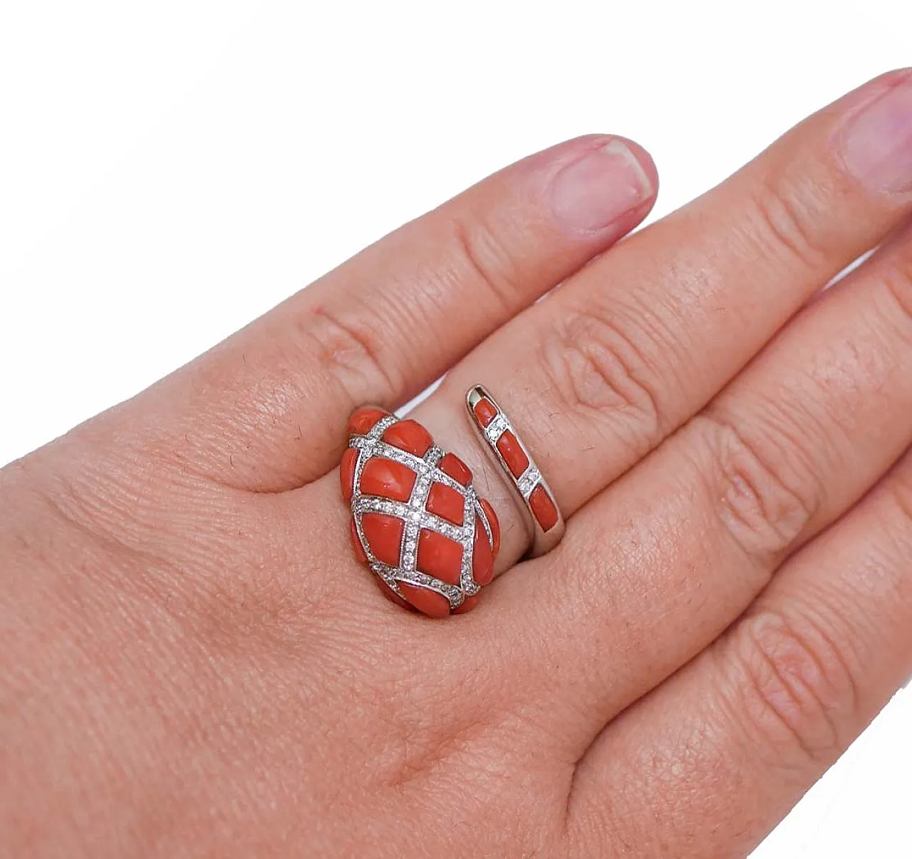 Coral, diamonds, 14 karat white gold snake ring, 1970s 6