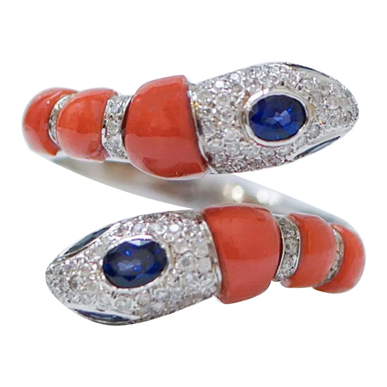 Coral, sapphires, diamonds, 14 karat white gold snake ring, 1970s 1