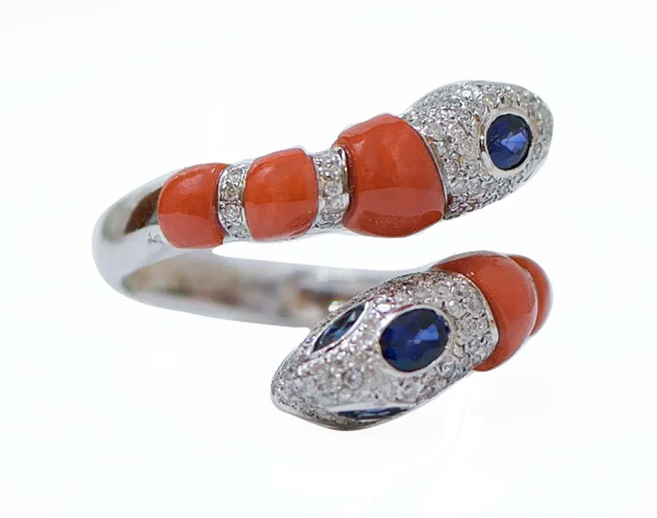 Coral, sapphires, diamonds, 14 karat white gold snake ring, 1970s 2