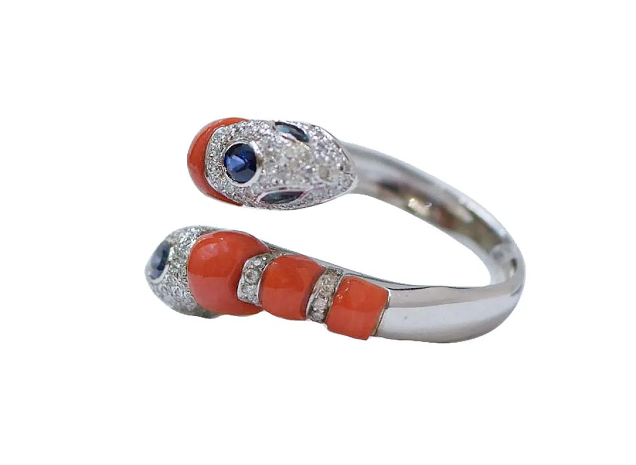 Coral, sapphires, diamonds, 14 karat white gold snake ring, 1970s 3