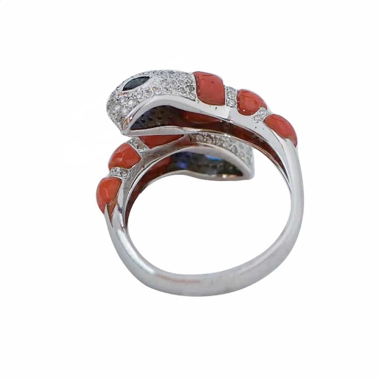 Coral, sapphires, diamonds, 14 karat white gold snake ring, 1970s 4