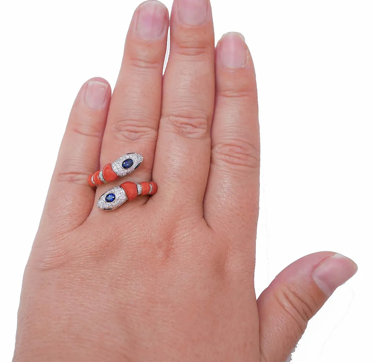 Coral, sapphires, diamonds, 14 karat white gold snake ring, 1970s 5
