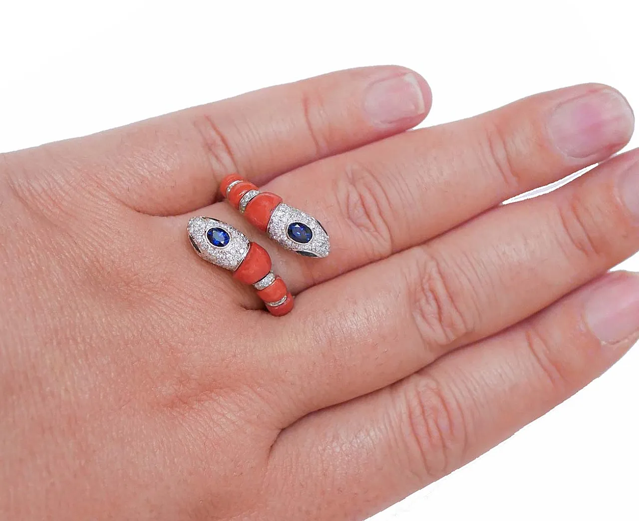 Coral, sapphires, diamonds, 14 karat white gold snake ring, 1970s 6