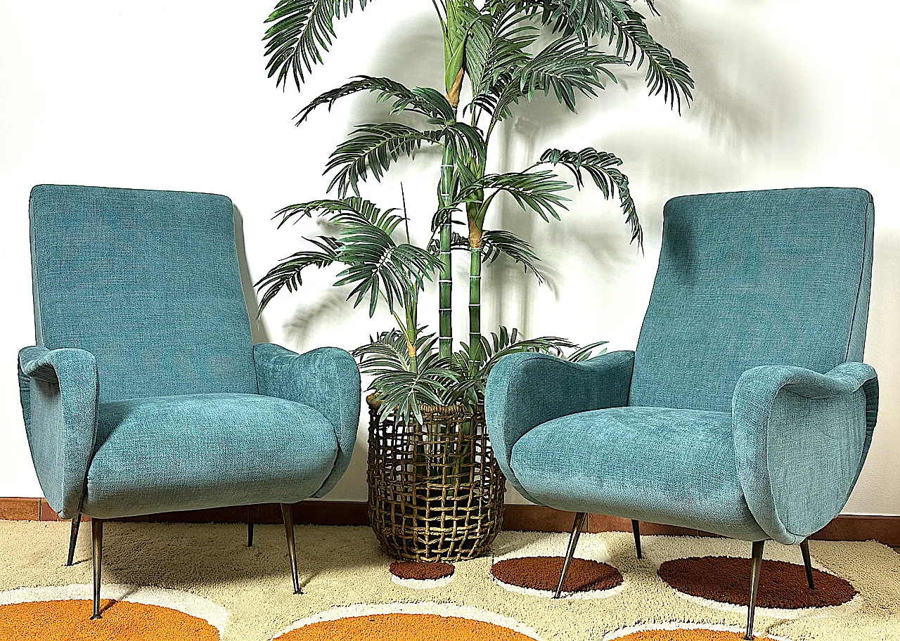 Pair of blue fabric armchairs by Marco Zanuso, 1950s 1