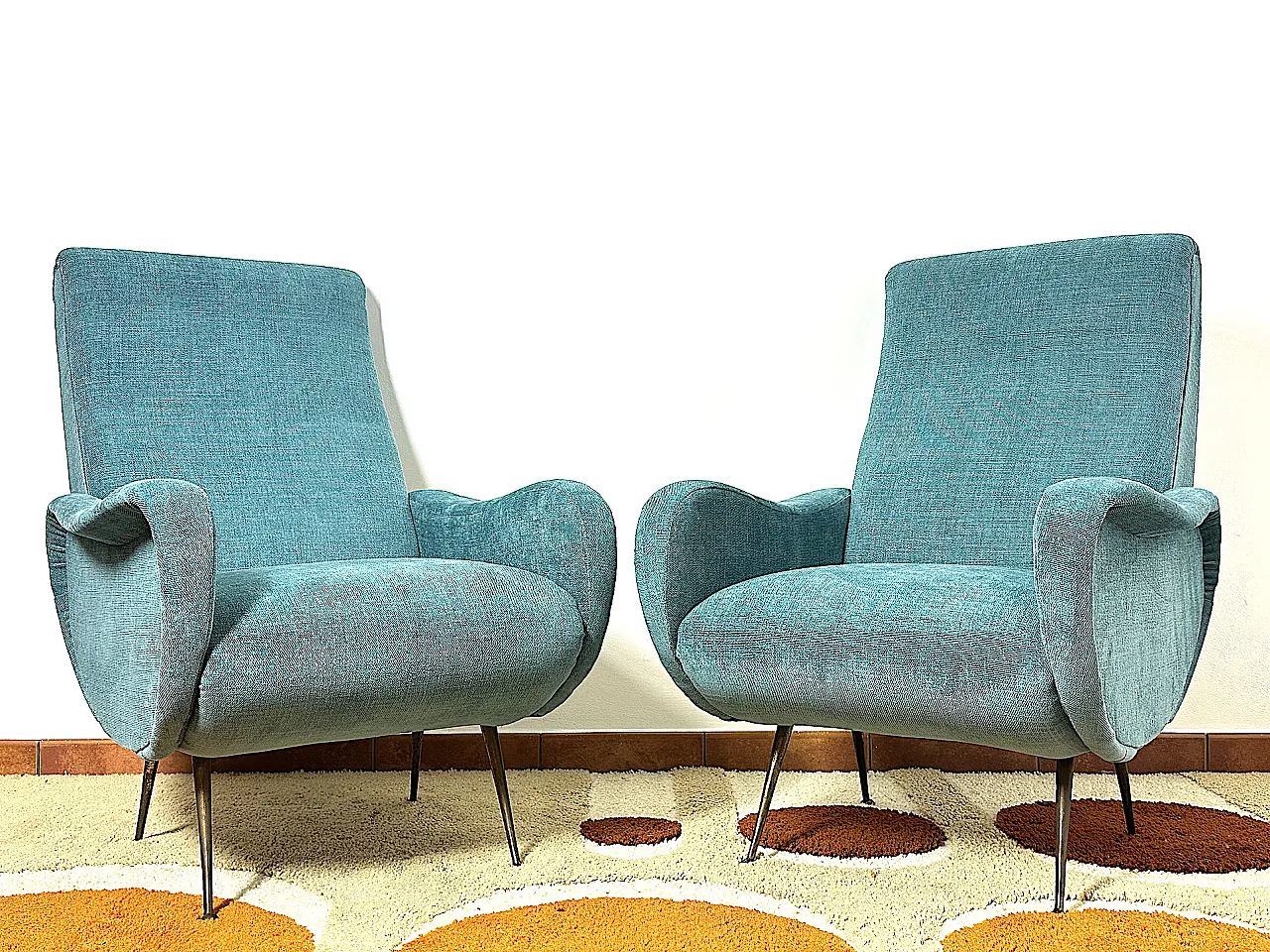 Pair of blue fabric armchairs by Marco Zanuso, 1950s 3