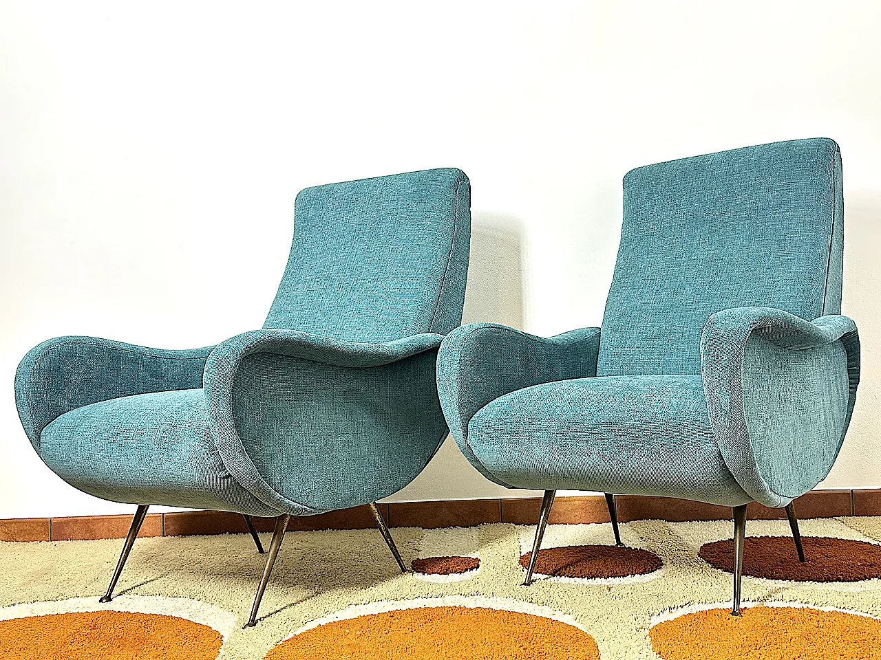 Pair of blue fabric armchairs by Marco Zanuso, 1950s 5