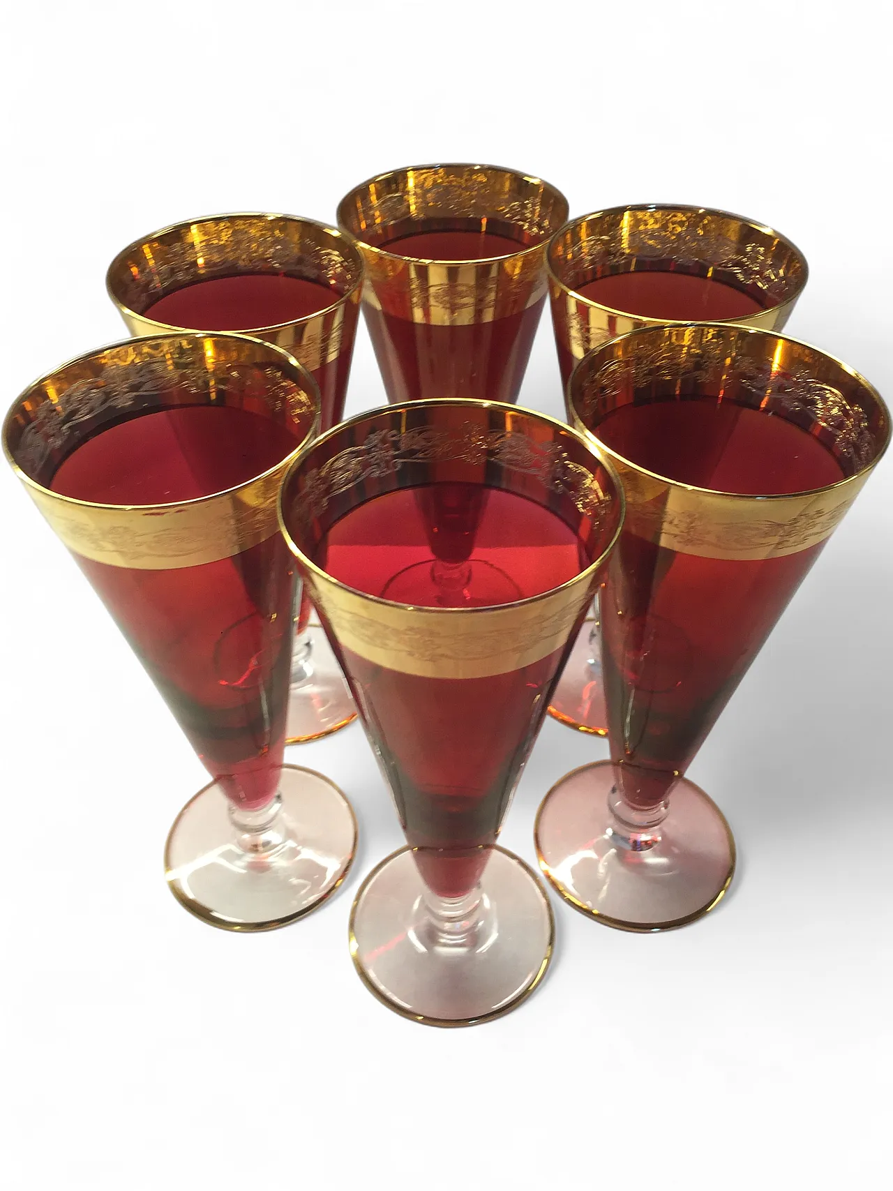 6 red and gold glass goblets, 1970s 21