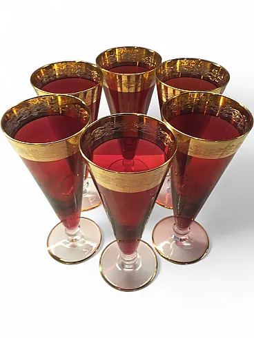 6 red and gold glass goblets, 1970s