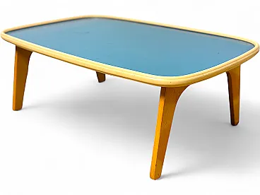Beech and blue formica side table by Fratelli Reguitti, 1950s