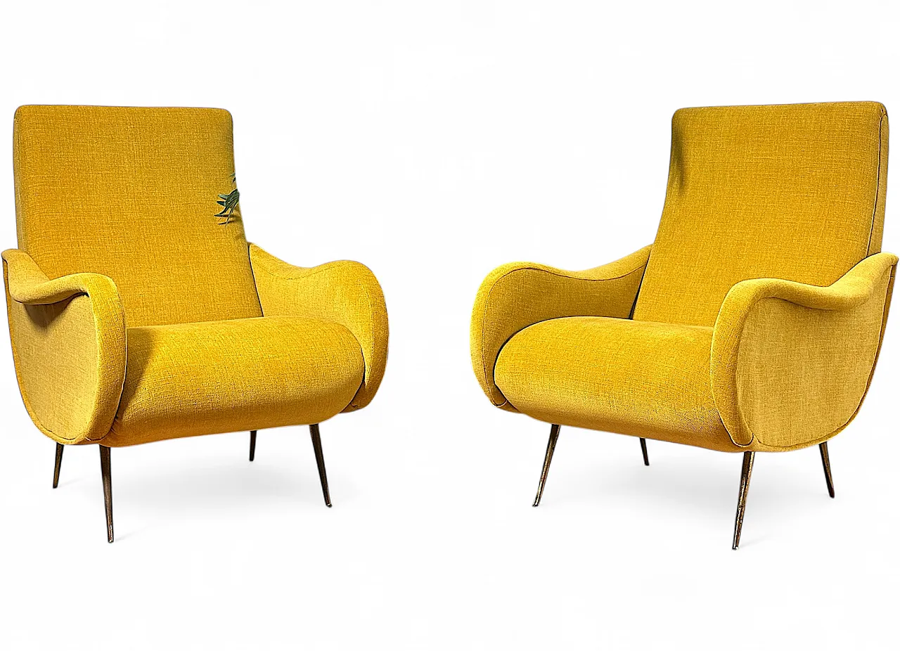 Pair of yellow fabric armchairs attributed to Marco Zanuso, 1950s 12