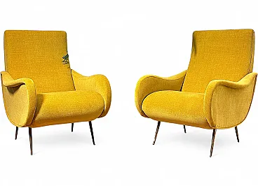 Pair of yellow fabric armchairs attributed to Marco Zanuso, 1950s