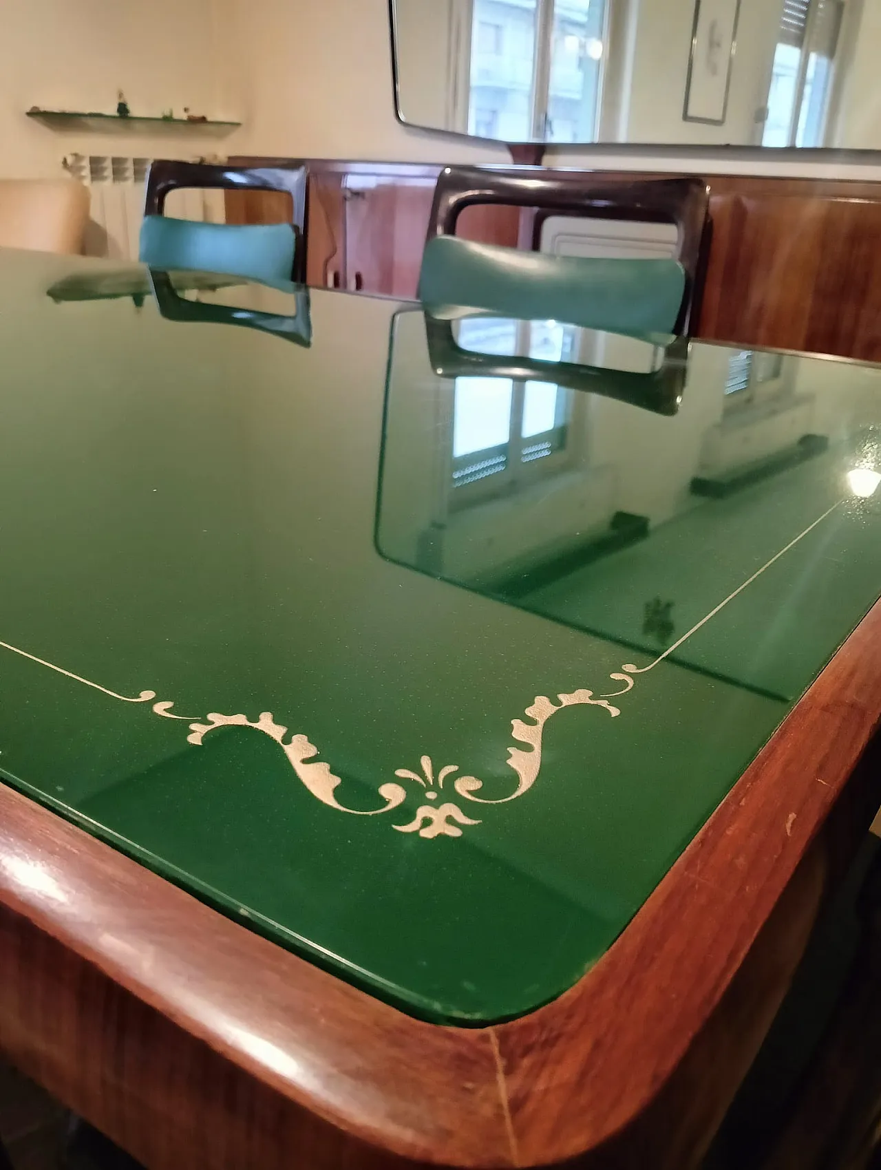 Tavolo da pranzo in legno, marmo e vetro verde attribuito a Vittorio Dassi, anni '50 3
