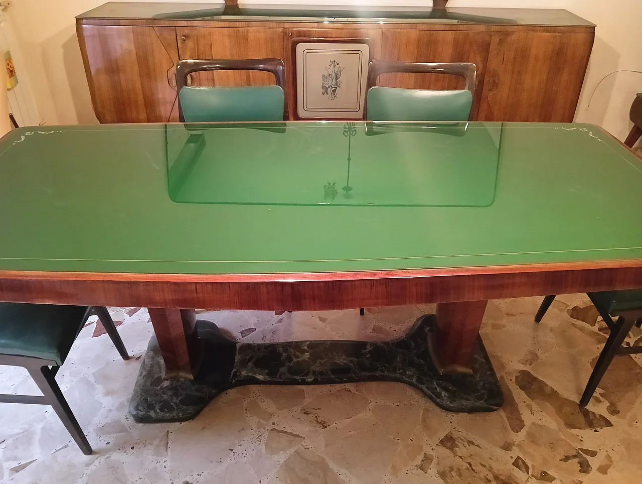 Tavolo da pranzo in legno, marmo e vetro verde attribuito a Vittorio Dassi, anni '50 4