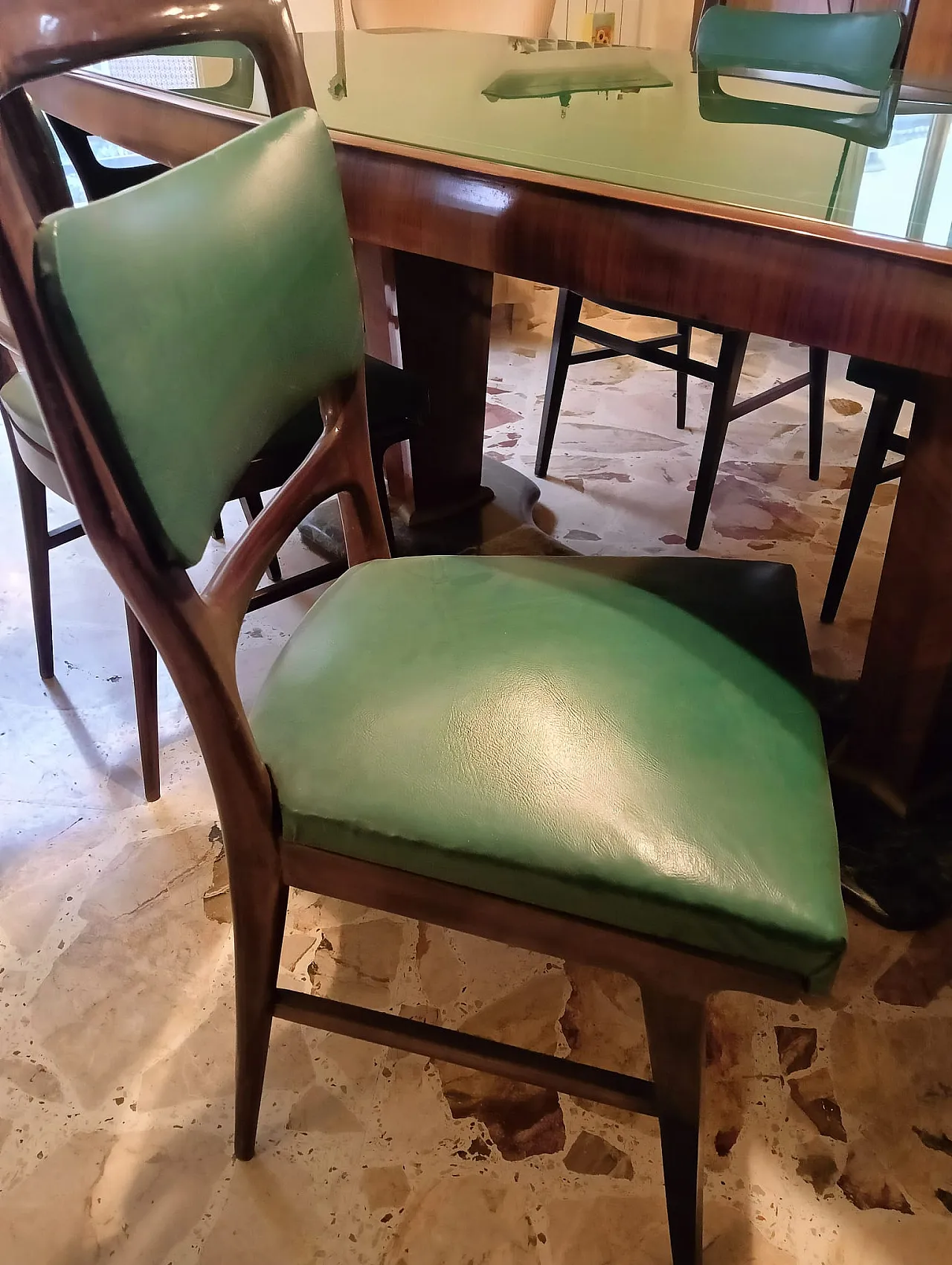 Tavolo da pranzo in legno, marmo e vetro verde attribuito a Vittorio Dassi, anni '50 6