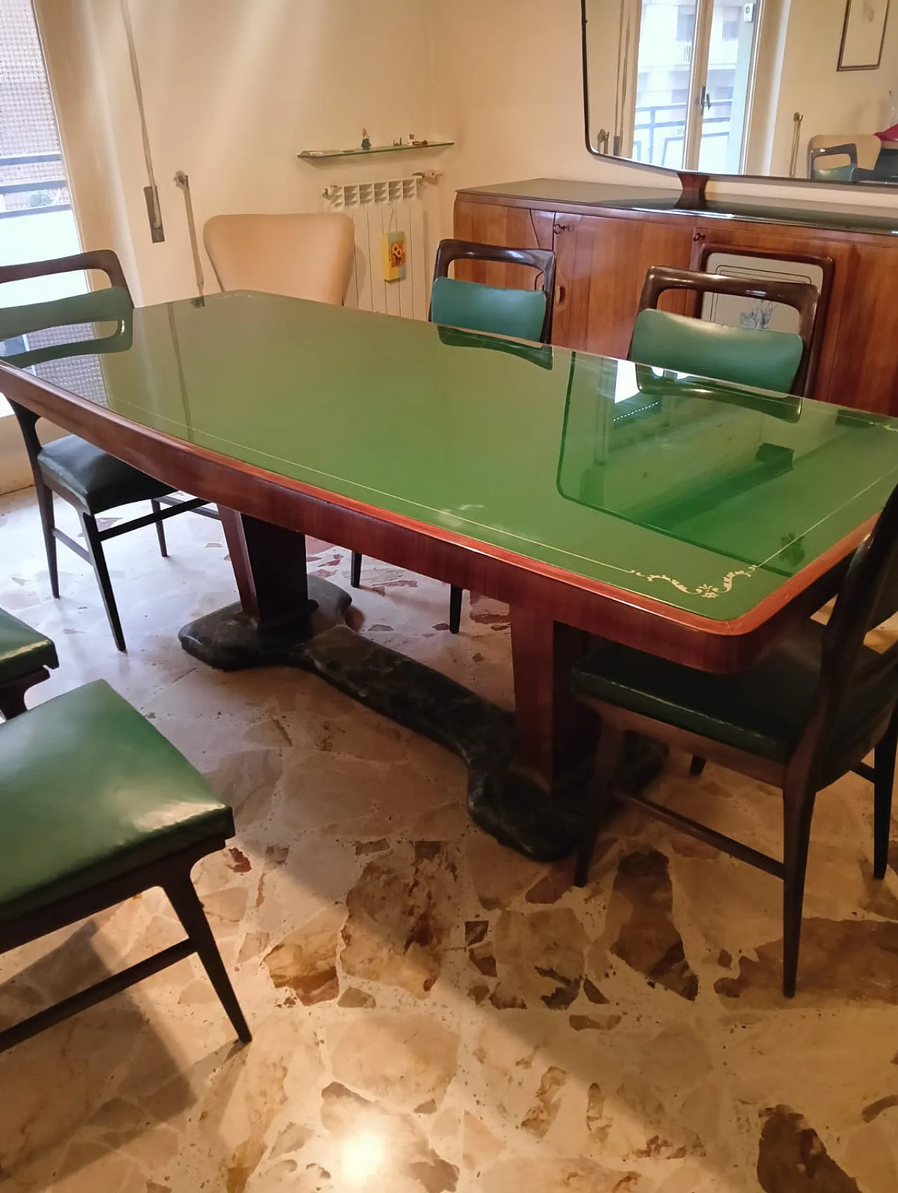 Tavolo da pranzo in legno, marmo e vetro verde attribuito a Vittorio Dassi, anni '50 7