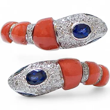 Coral, sapphires, diamonds, 14 karat white gold snake ring, 1970s