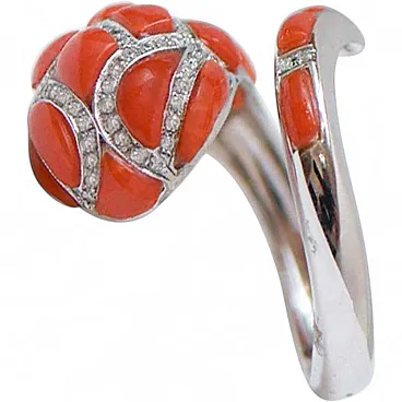 Coral, diamonds, 14 karat white gold snake ring, 1970s
