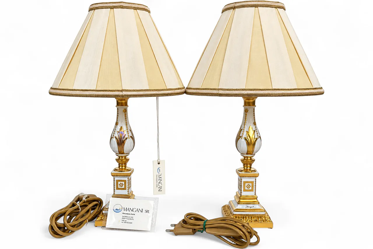 Pair of table lamps by Mangani in white and gold porcelain, 1970s 8